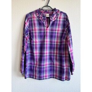 Blair Women's Pink Purple Plaid Pullover Long Sleeve Blouse Ruffle V Neck Large